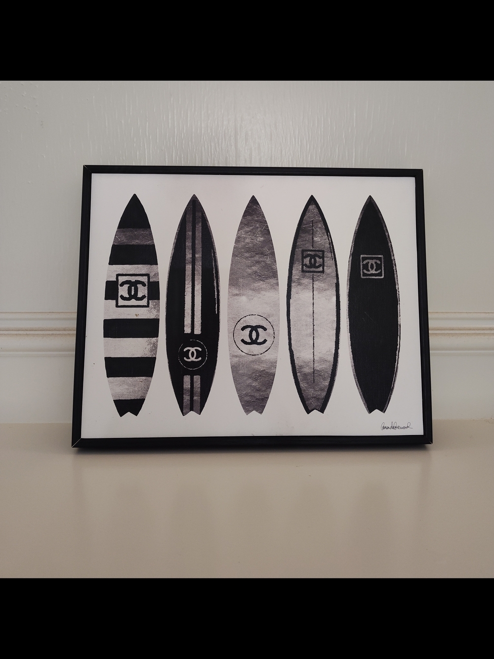 AMANDA GREENWOOD CHANEL Monochrome Surfboard Wall Art Framed Licensed Print NWT